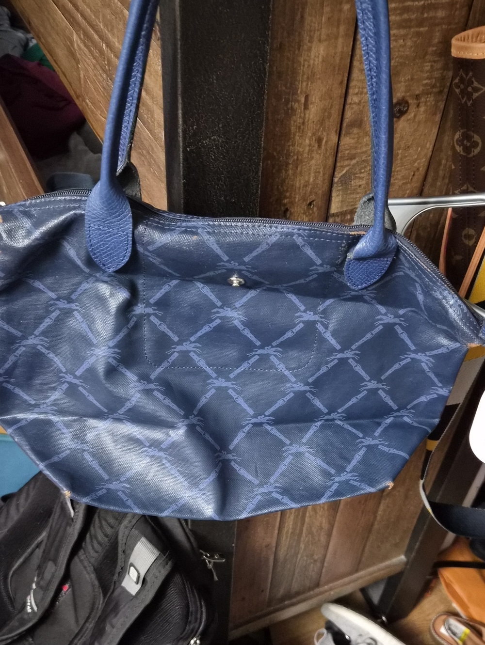 Longchamp Navy Patterned Tote with Monogram Print